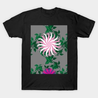 White and Pink, Cerise and Purple Flowers on a Vine Leaf and Mid-Grey background T-Shirt